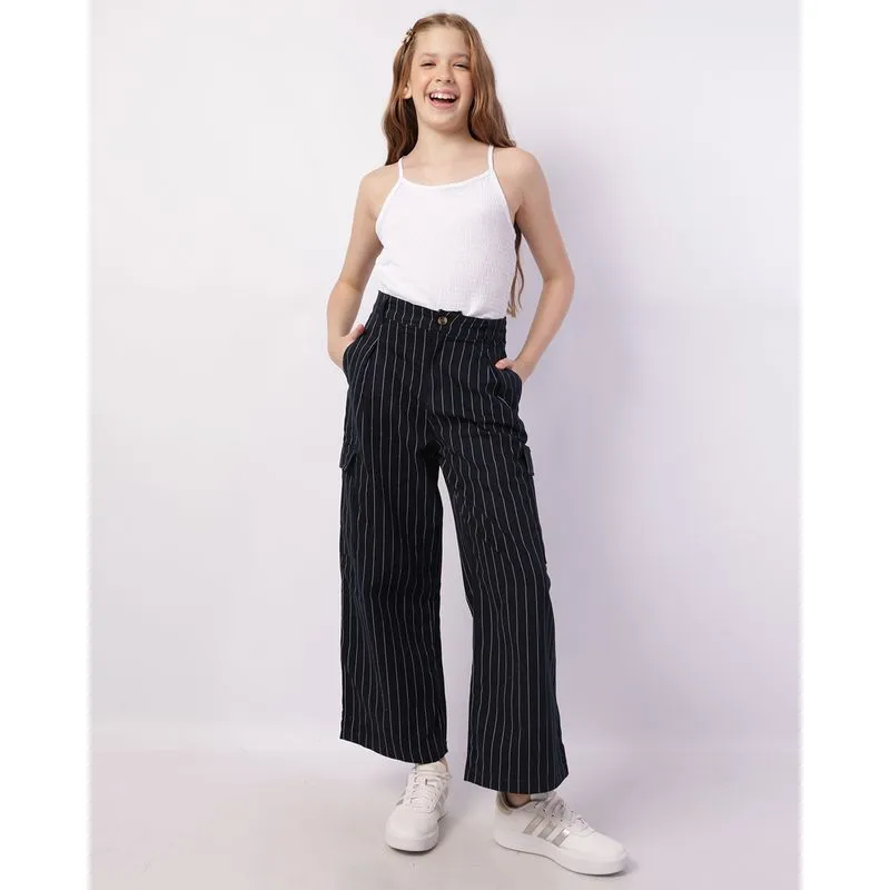 Calça Juvenil Sarja Wide Leg Bolsos Cargo Risca de Giz Azul Marinho 10