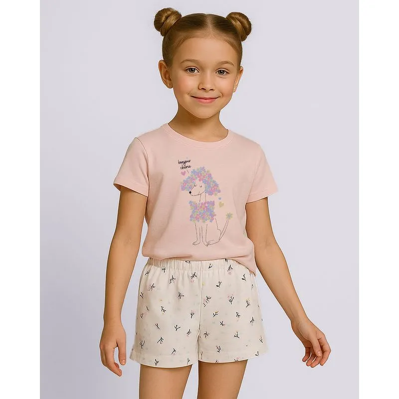 Pijama Infantil Curto Algodão Estampa Cachorro e Flores Rosa 10