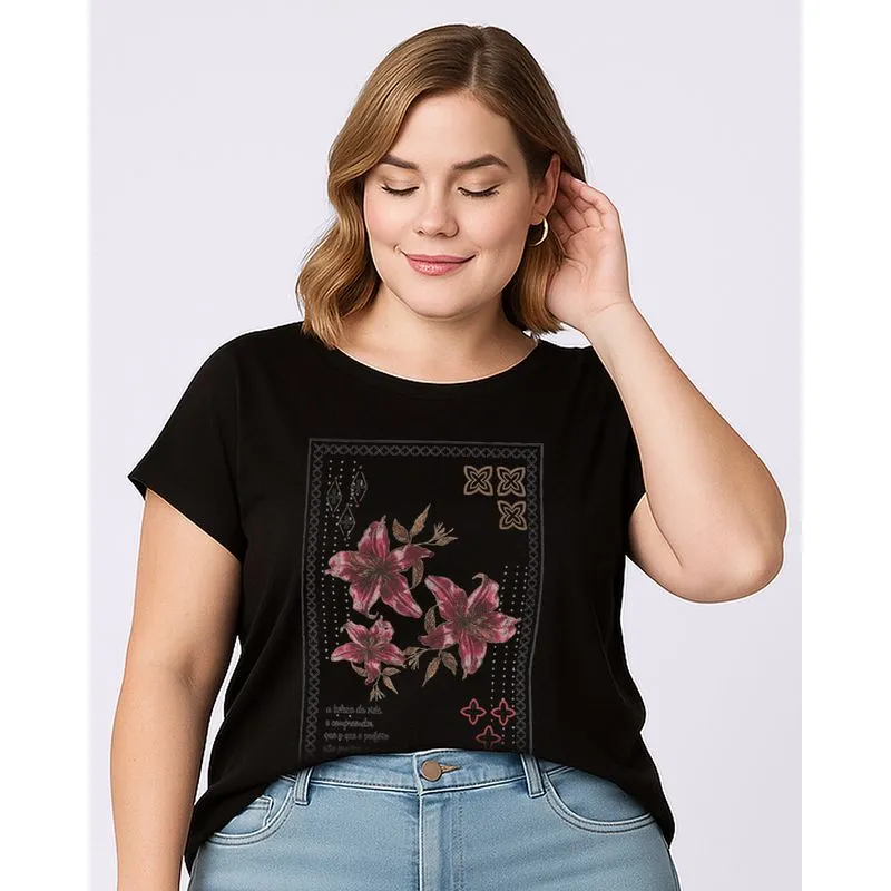 Blusa Plus Size Feminina com Strass Manga Curta Preta G3
