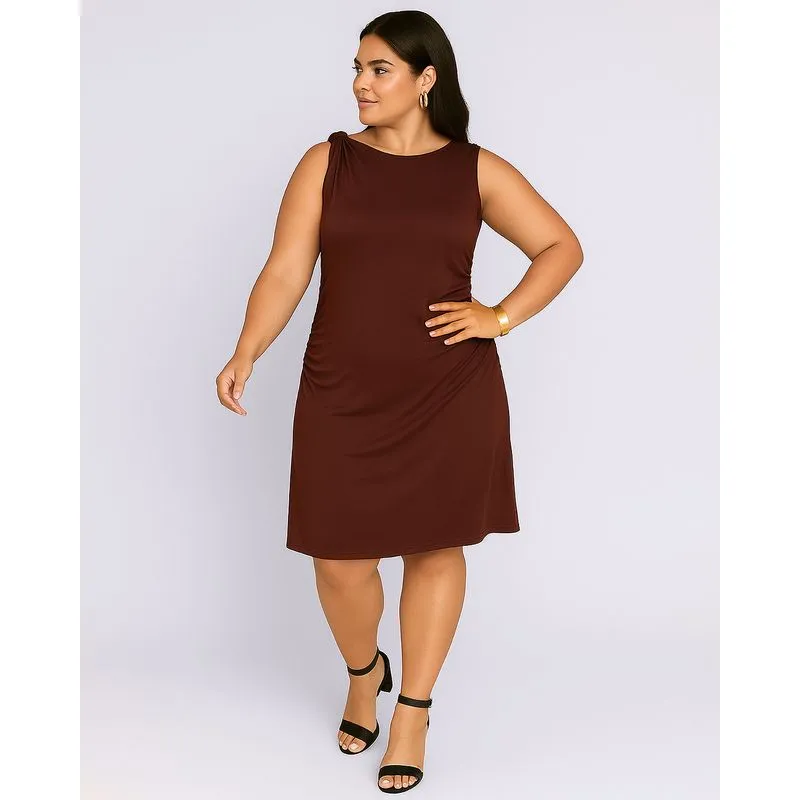 Vestido Plus Size Feminino Midi Viscose com Franzido Marrom G2