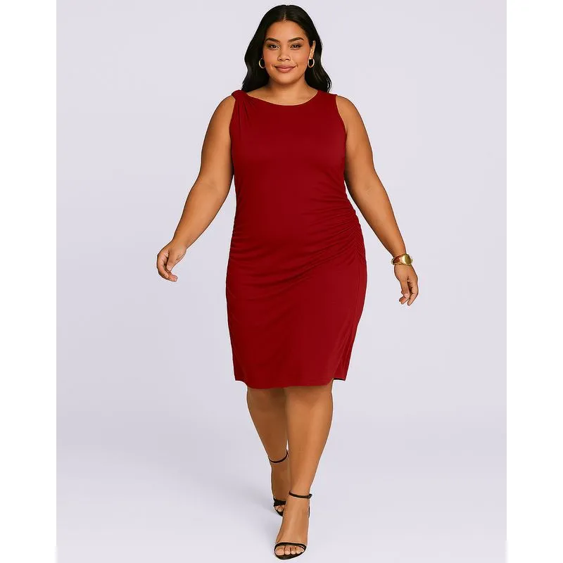 Vestido Plus Size Feminino Midi Viscose com Franzido Vinho G1