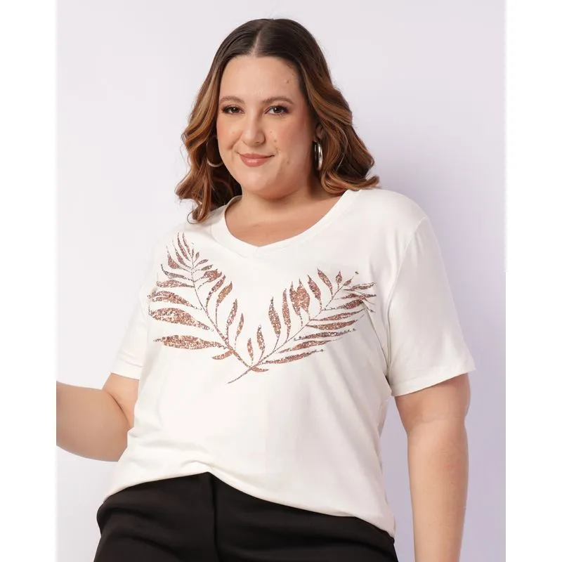 Blusa Plus Size Feminina Estampa com Strass Manga Curta Off White G3