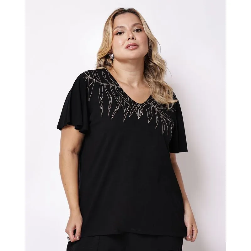 Blusa Plus Size Feminina Estampa Frontal Decote Costas Preta G1