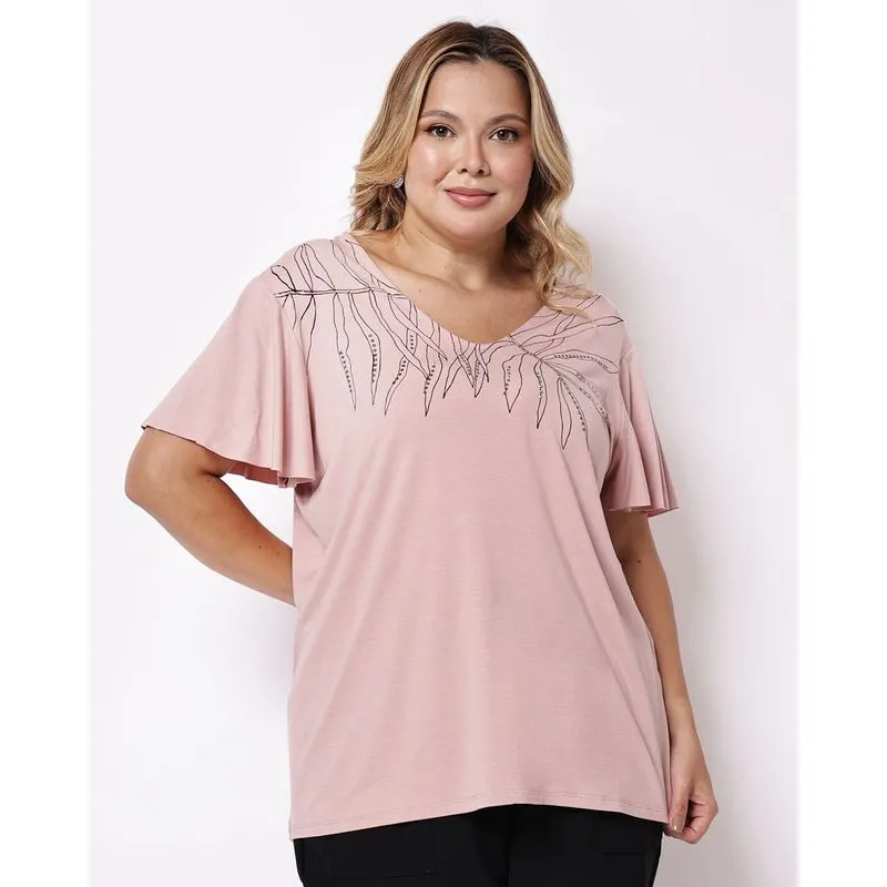 Blusa Plus Size Feminina Estampa Frontal Decote Costas Rosa G5