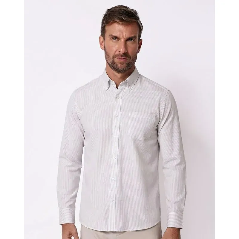 Camisa Masculina Listrada com Bolso Manga Longa Cinza G