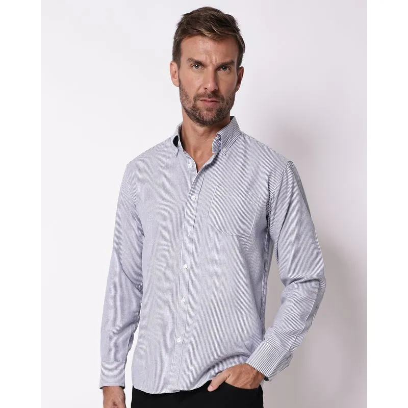 Camisa Masculina Listrada com Bolso Manga Longa Marinho M