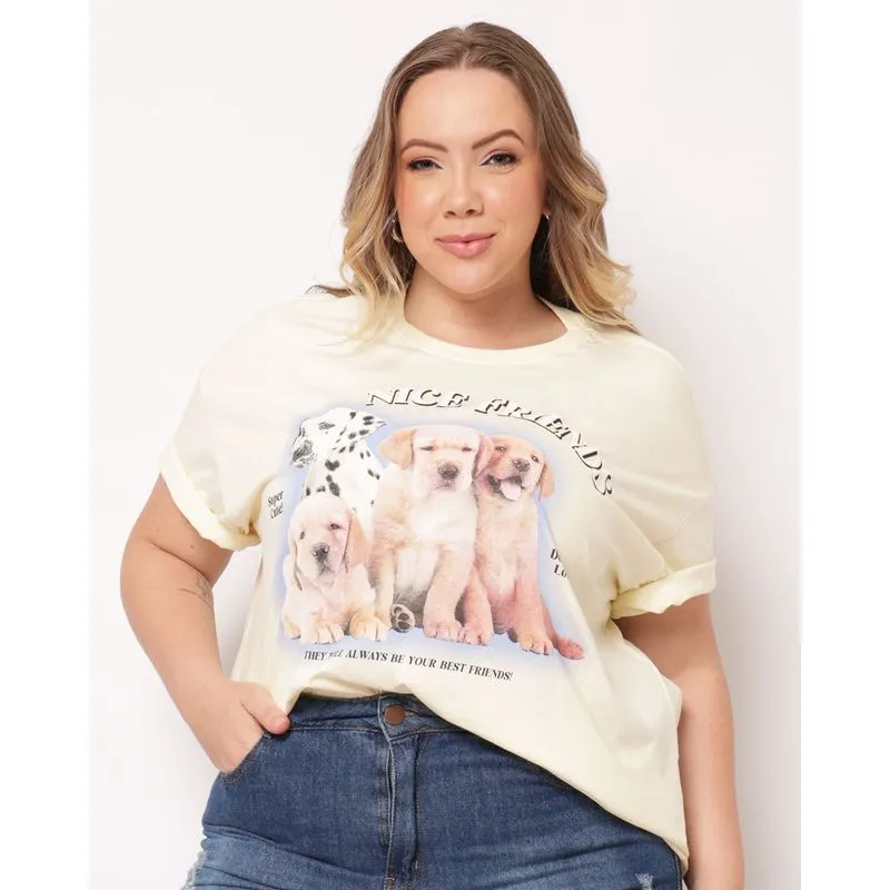 Camiseta Plus Size Feminina Algodão Estampa Cachorros Amarela G3