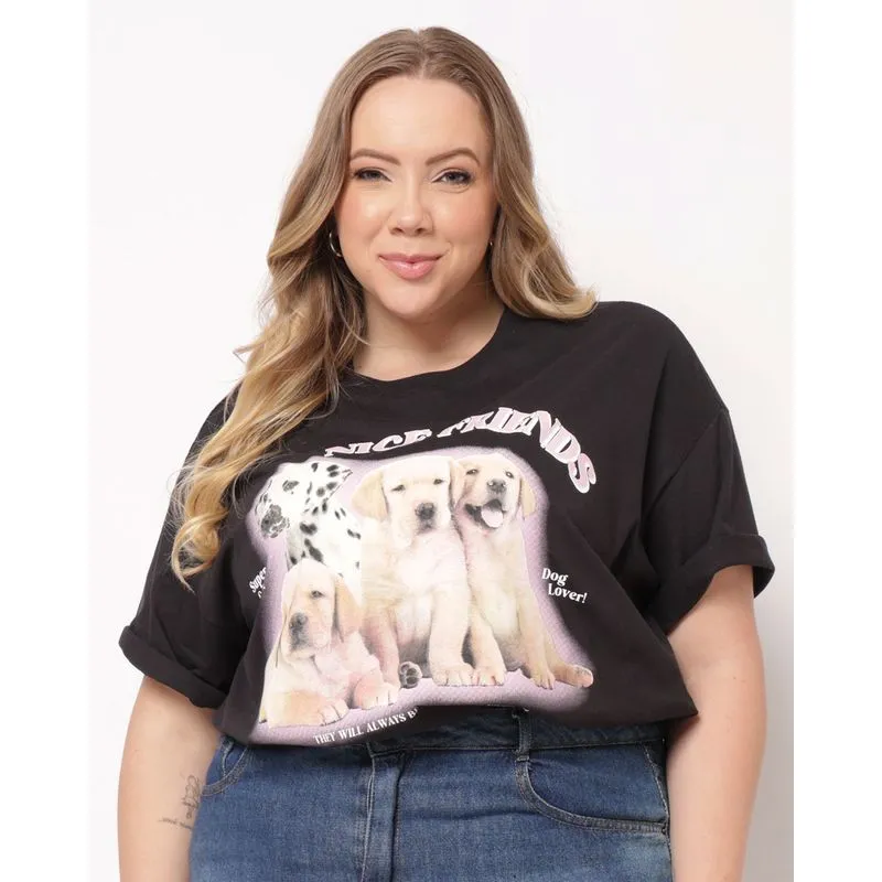 Camiseta Plus Size Feminina Algodão Estampa Cachorros Preta G2