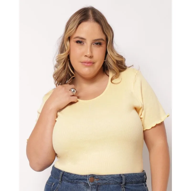Blusa Plus Size Feminina Básica Canelada Manga Curta Amarela G2