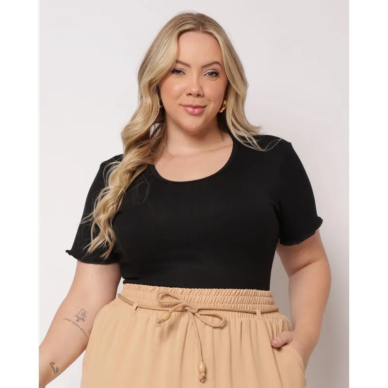 Blusa Plus Size Feminina Básica Canelada Manga Curta Preta G2