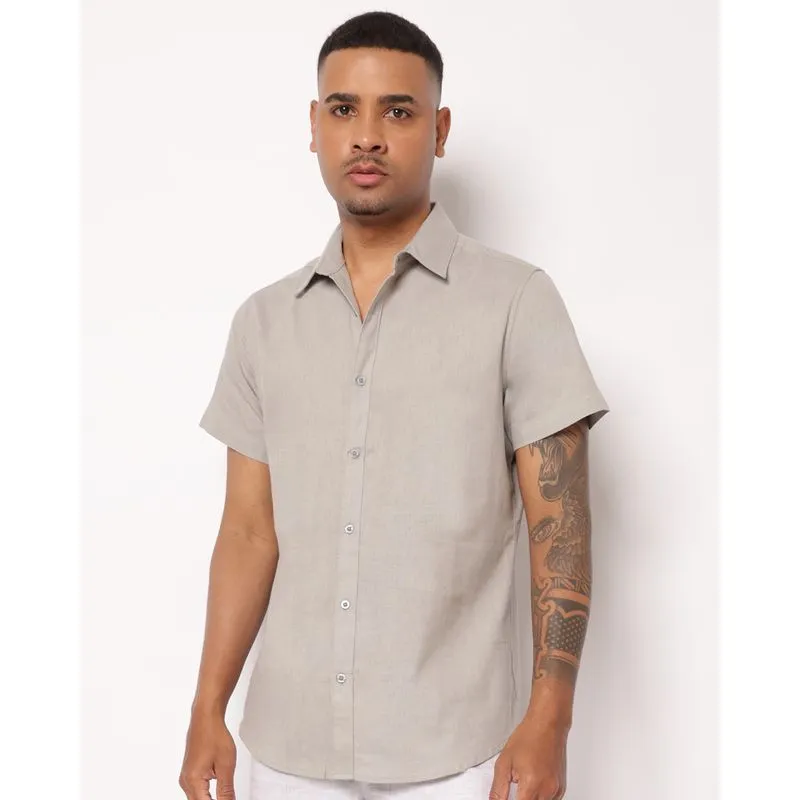 Camisa Masculina Algodão e Linho Manga Curta Cinza P