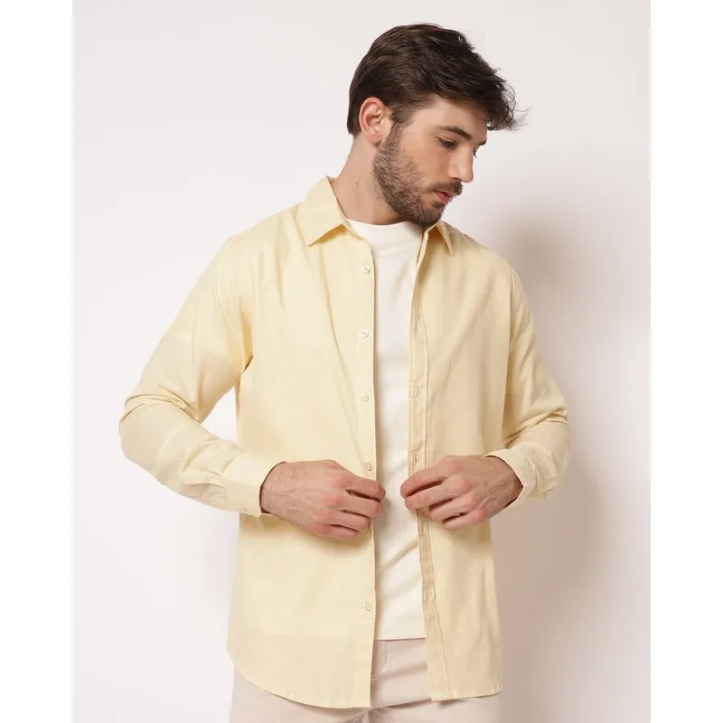 Camisa Masculina Algodão e Linho Manga Longa Amarela GG