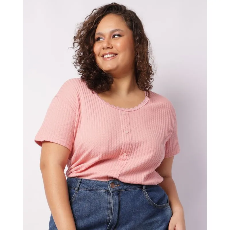 Blusa Plus Size Feminina Algodão com Botões Decorativos Rosa G2
