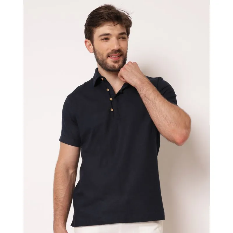 Bata Masculina Algodão com Linho Manga Curta Marinho GG