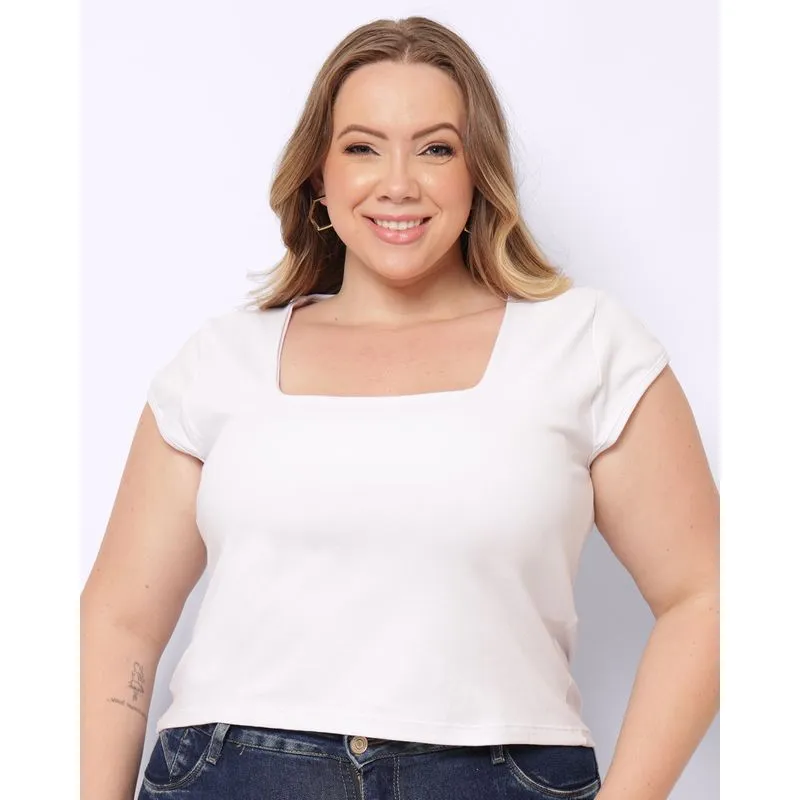 Blusa Plus Size Feminina Cropped Algodão Decote Quadrado Branca G3