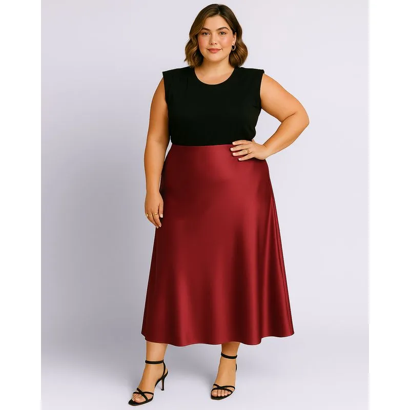 Saia Plus Size Feminina Longa Cetim Lisa Vinho G2