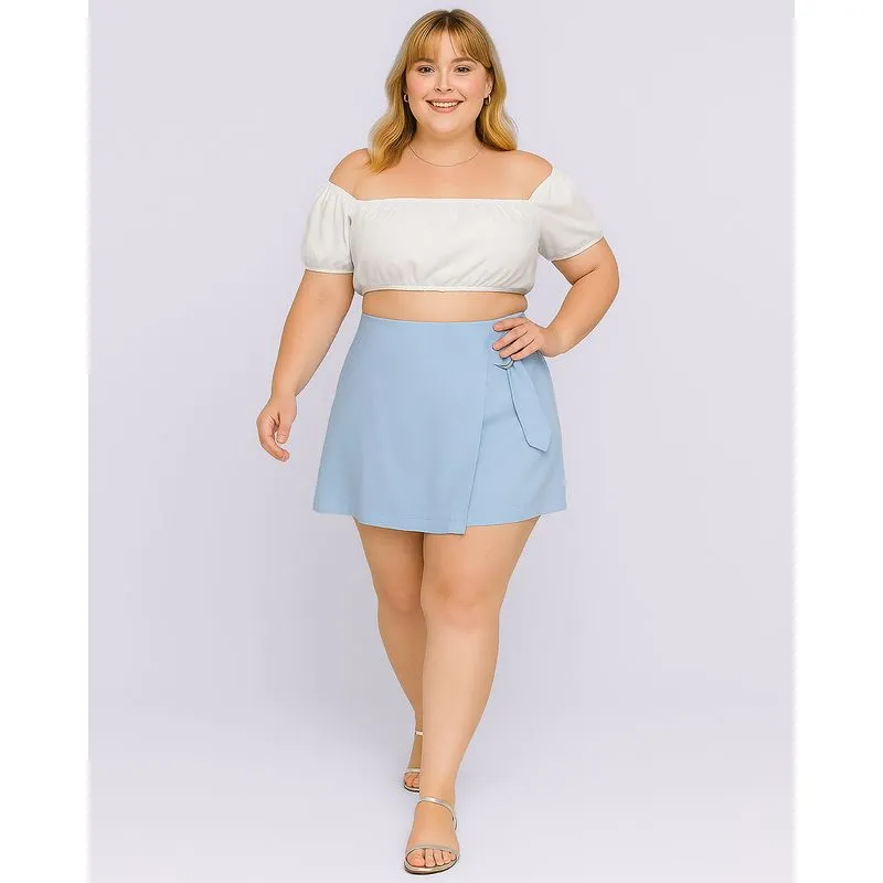 Short Saia Plus Size Feminino Curto com Aviamento Fivela Azul G3