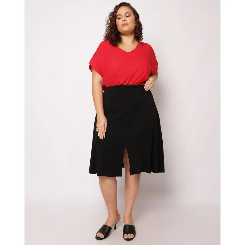 Saia Plus Size Feminina Curta com Recortes Fenda Preta G2
