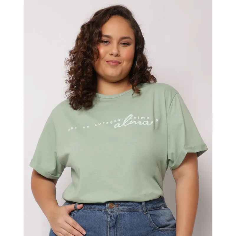 Camiseta Plus Size Feminina Algodão Bordado Manga Curta Verde G3
