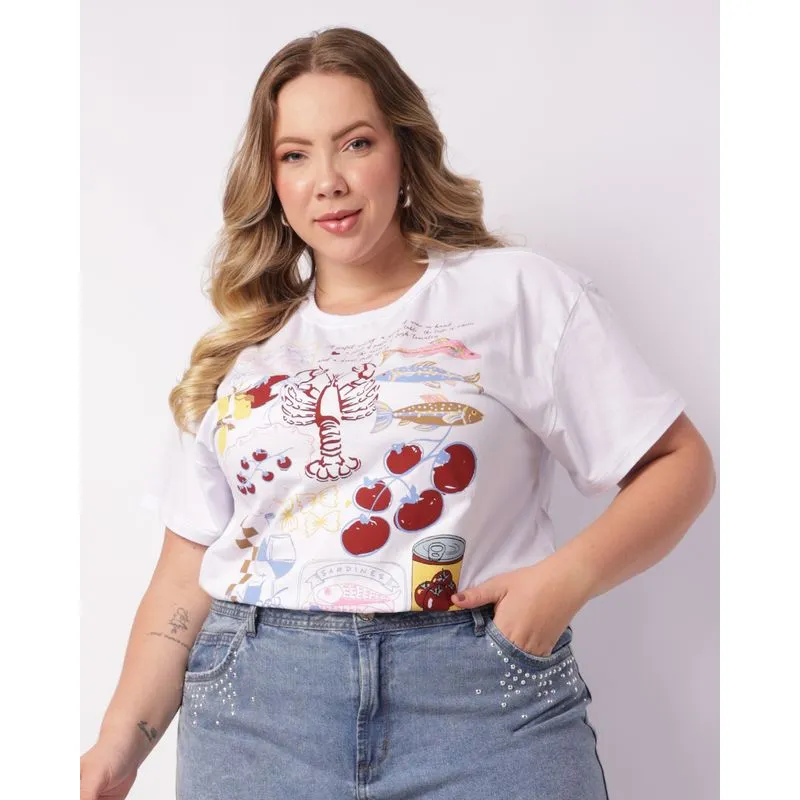 Camiseta Plus Size Feminina Algodão Estampa Manga Curta Branca G2