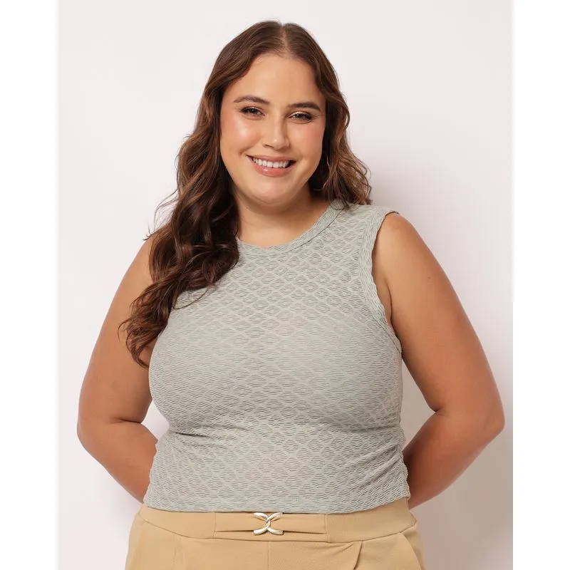 Regata Plus Size Feminina Texturizada Detalhe Lateral Verde G1