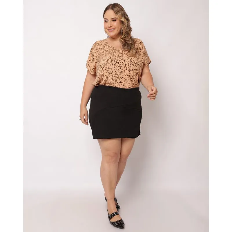 Short Saia Plus Size Feminino Crepe com Recortes Preto G2
