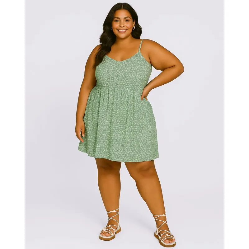 Vestido Plus Size Feminino Curto Viscose Estampado Floral Verde G3