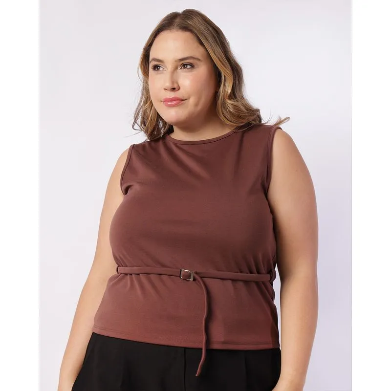 Regata Plus Size Feminina com Cinto Marrom G1