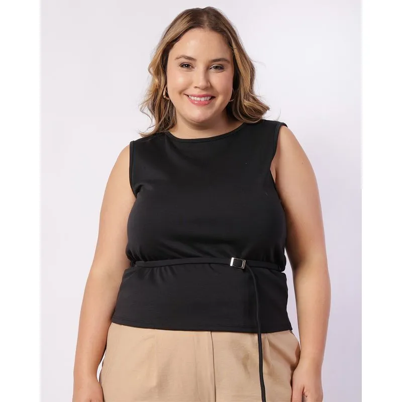 Regata Plus Size Feminina com Cinto Preta G2