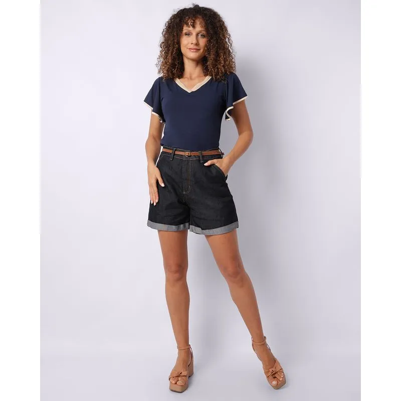 Short Jeans Feminino com Barra Dobrada Cinto Bolso Azul 40