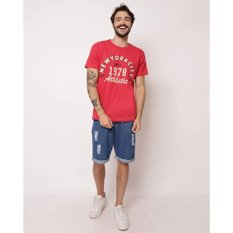 Bermuda Jeans Masculina Reta Destroyed com Barra Dobrada Azul 50