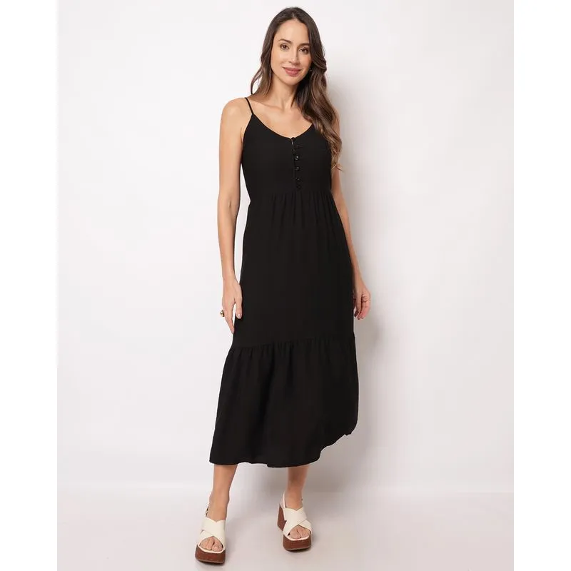 Vestido Feminino Midi Berry & Co.Viscose Alcinha Botões Babado Preto P
