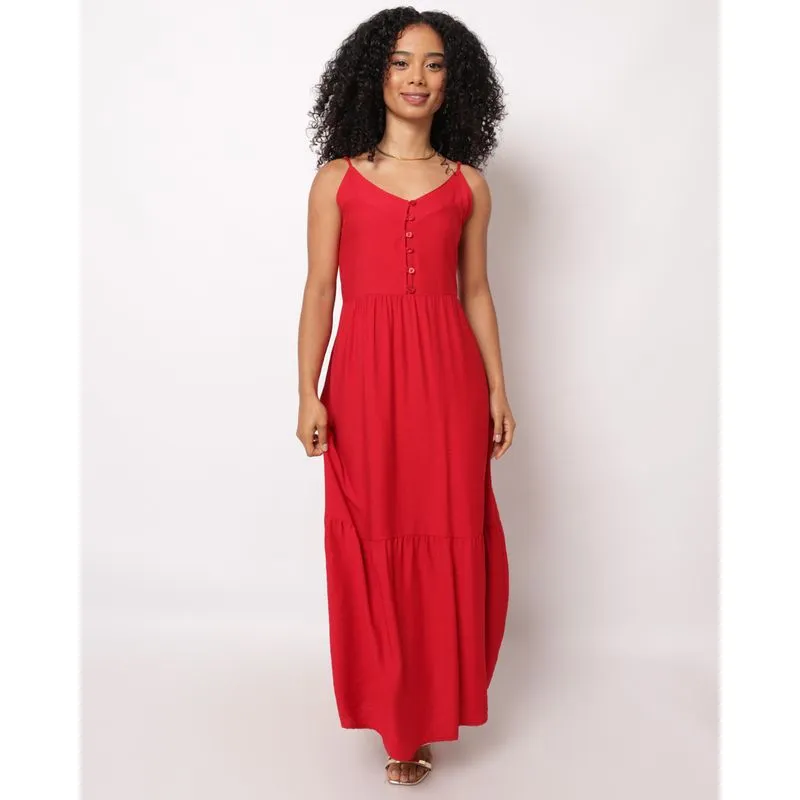 Vestido Feminino Berry & Co. Longo Viscose com Botões Vermelho GG