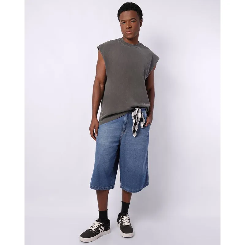 Bermuda Jeans Masculina Jort com Bolsos + Lenço Azul 38