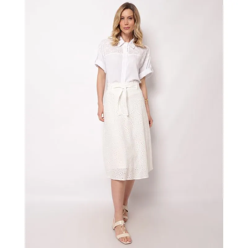 Saia Feminina Midi Berry & Co. Algodão Laise com Amarração Branca GG