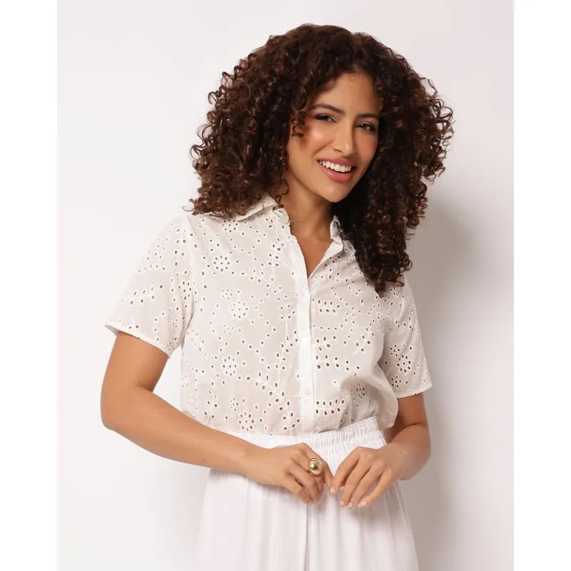 Camisa Feminina Bordada Berry & Co Laise Manga Curta Branca M
