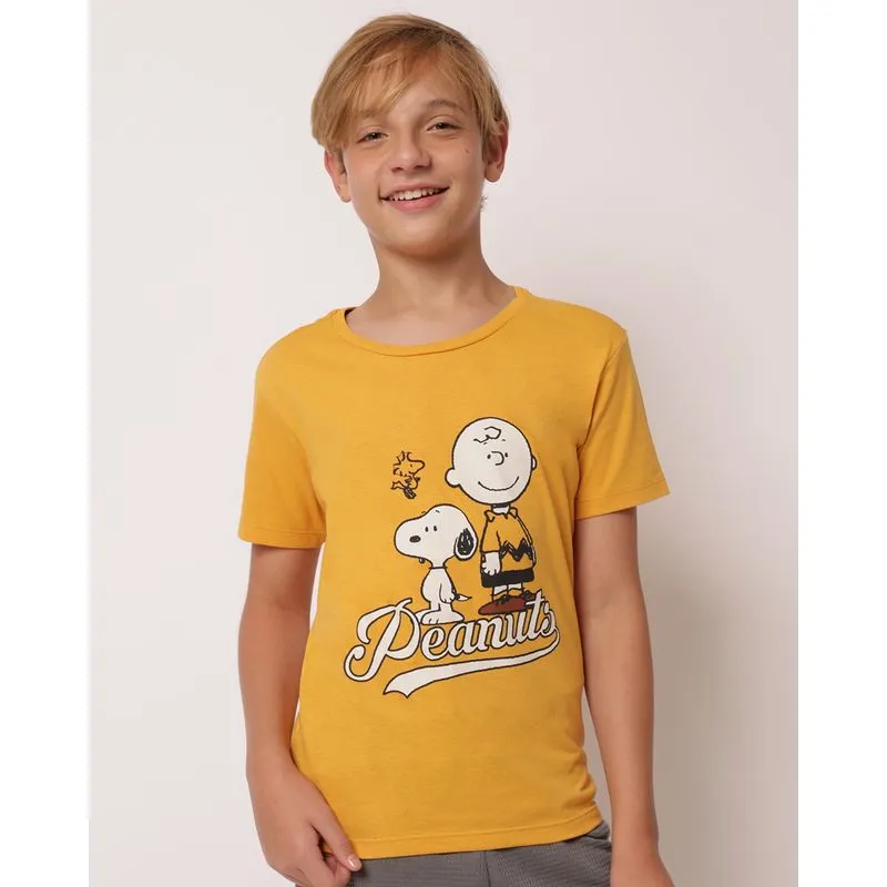 Camiseta Juvenil Algodão Snoopy Manga Curta Mostarda 10