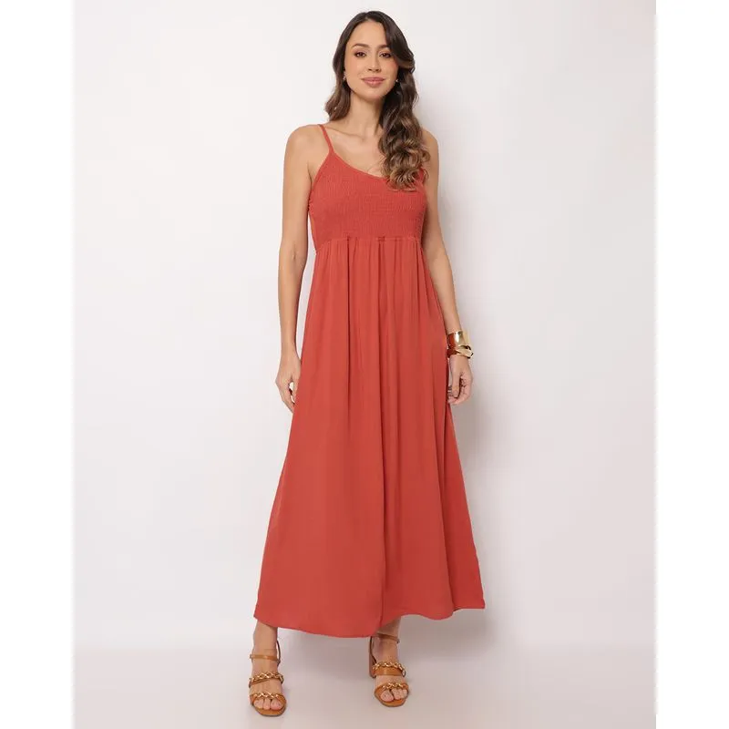 Vestido Feminino Longo Berry & Co. Viscose com Lastéx Terracota P