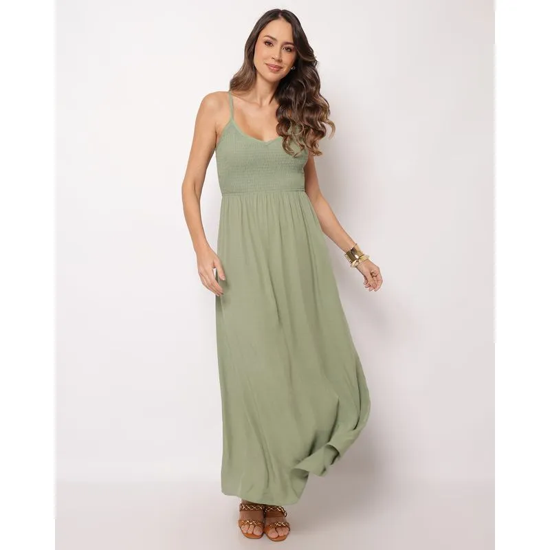 Vestido Feminino Longo Berry & Co. Viscose com Lastéx Verde GG