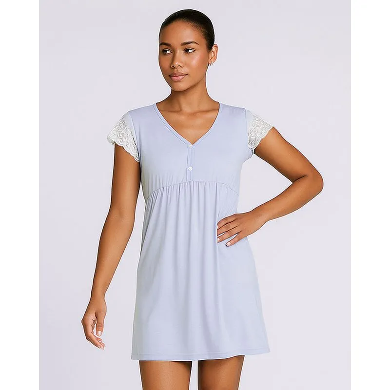 Camisola Feminina Curta Renda com Botões Azul P