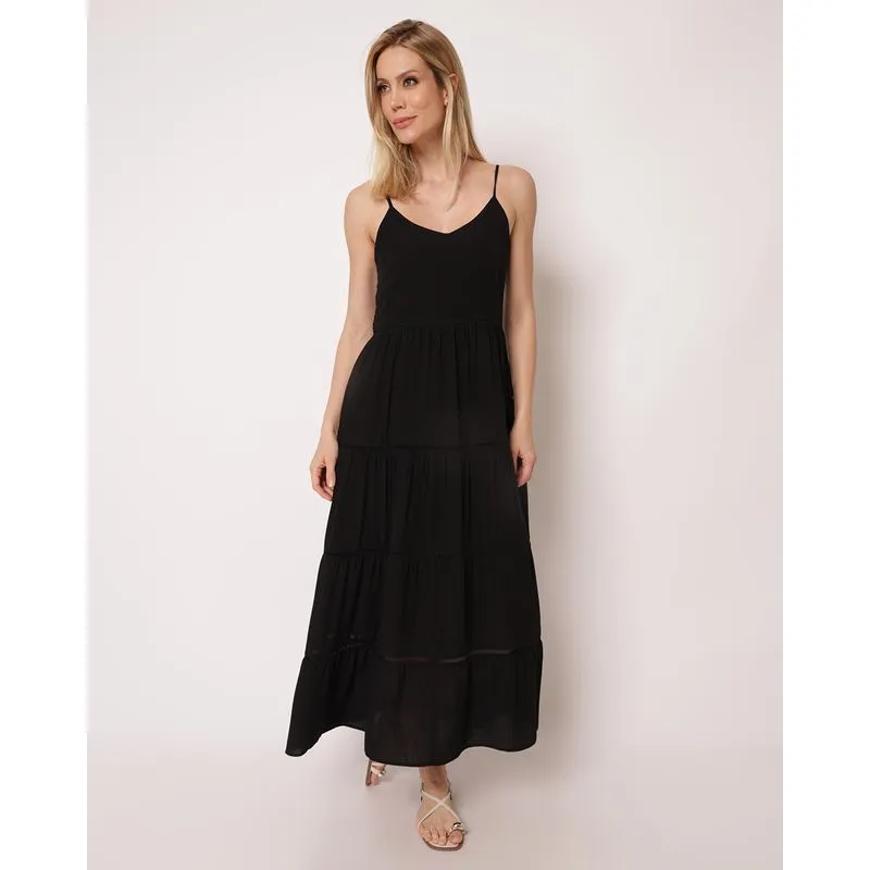Vestido Feminino Longo Berry & Co. Viscose Alcinha Preto M