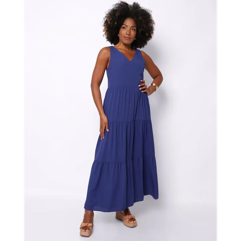 Vestido Feminino Longo Berry & Co. Viscose Três Marias Decote V Azul P