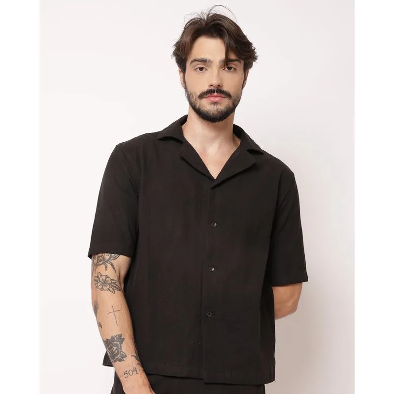 Camisa Sarja Masculina Algodão com Botões Preta P