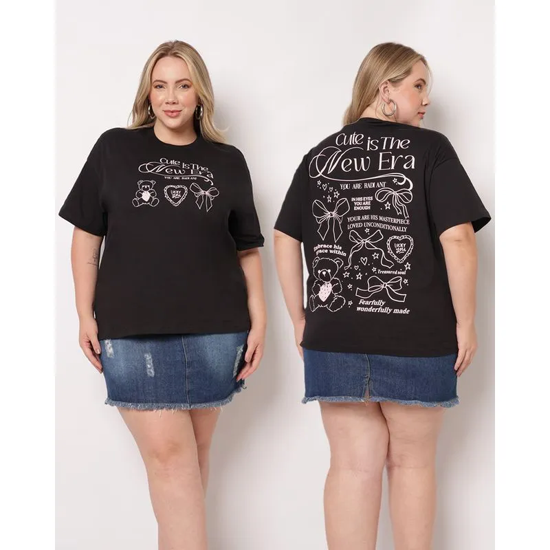 Camiseta Plus Size Feminina Algodão Estampa Frente e Costas Preta G2