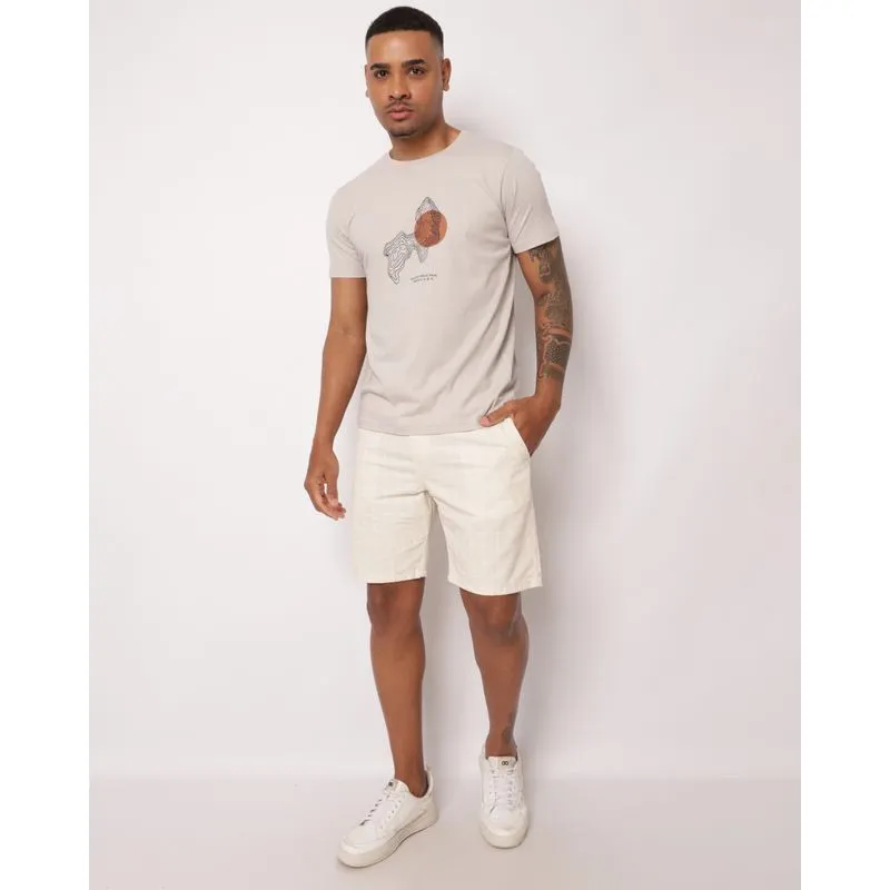 Bermuda Masculina Algodão Reta com Bolsos Estampa Geométrica Bege P