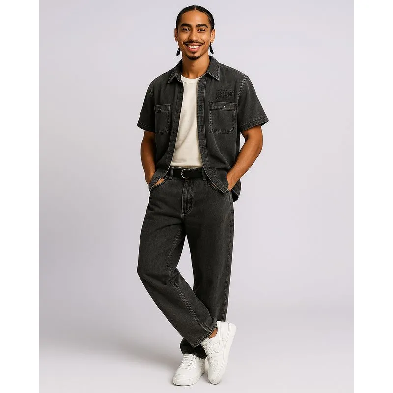 Calça Jeans Masculina Balloon Marmorizada com Cinto Preta 42
