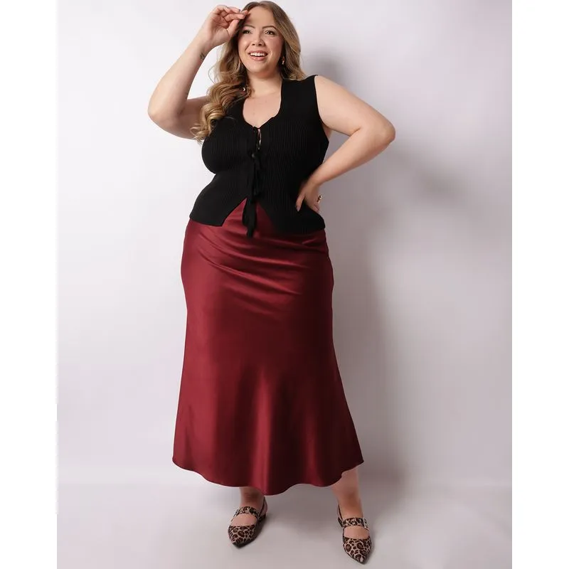 Saia Plus Size Feminina Midi Acetinada Vinho G1