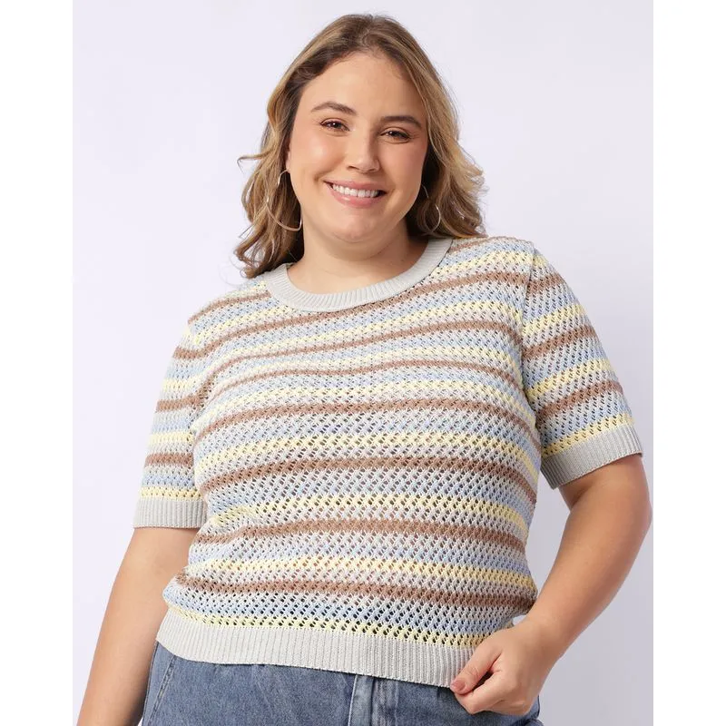 Blusa Plus Size Feminina Tricô Listrada Manga Curta Azul G3