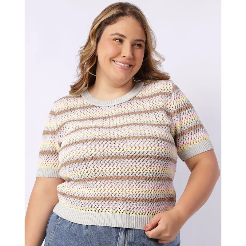 Blusa Plus Size Feminina Tricô Listrada Manga Curta Rosa G2