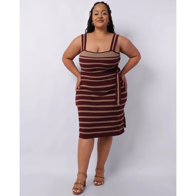 Saia Plus Size Feminina Curta Tricô Listrada Vinho G3